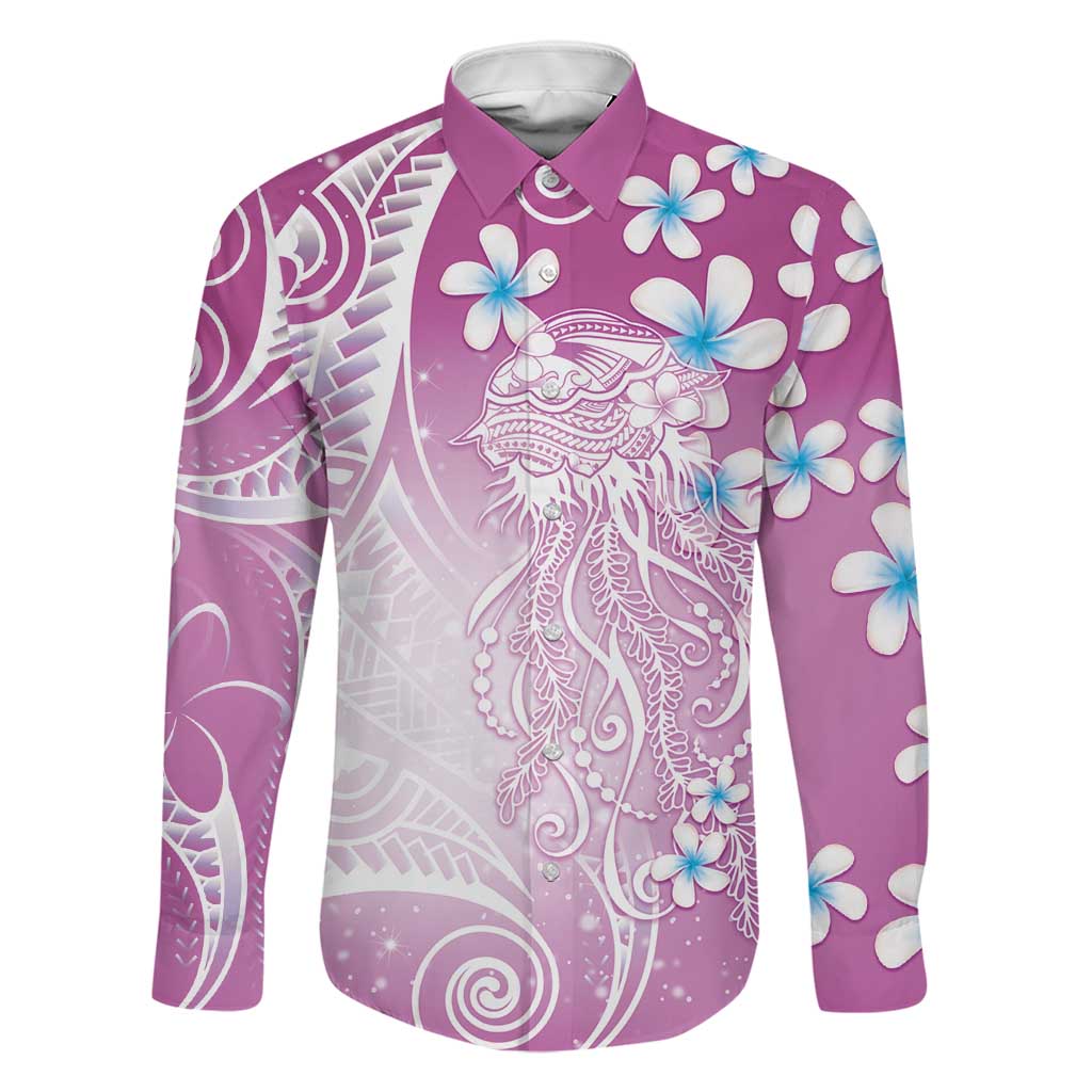 Polynesian Jellyfish Family Matching Short Sleeve Bodycon Dress and Hawaiian Shirt With Plumeria Pink LT05 Dad's Shirt - Long Sleeve Pink - Polynesian Pride