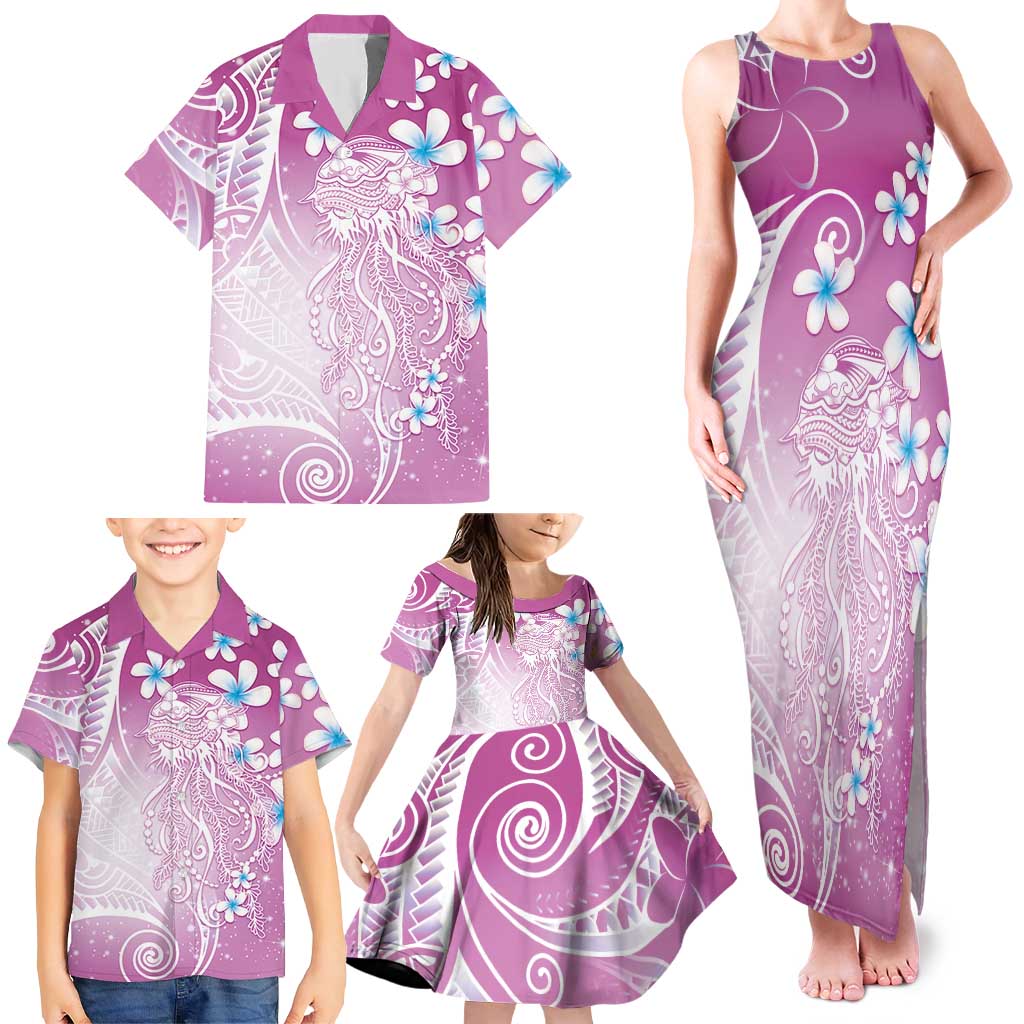 Polynesian Jellyfish Family Matching Tank Maxi Dress and Hawaiian Shirt With Plumeria Pink LT05 - Polynesian Pride