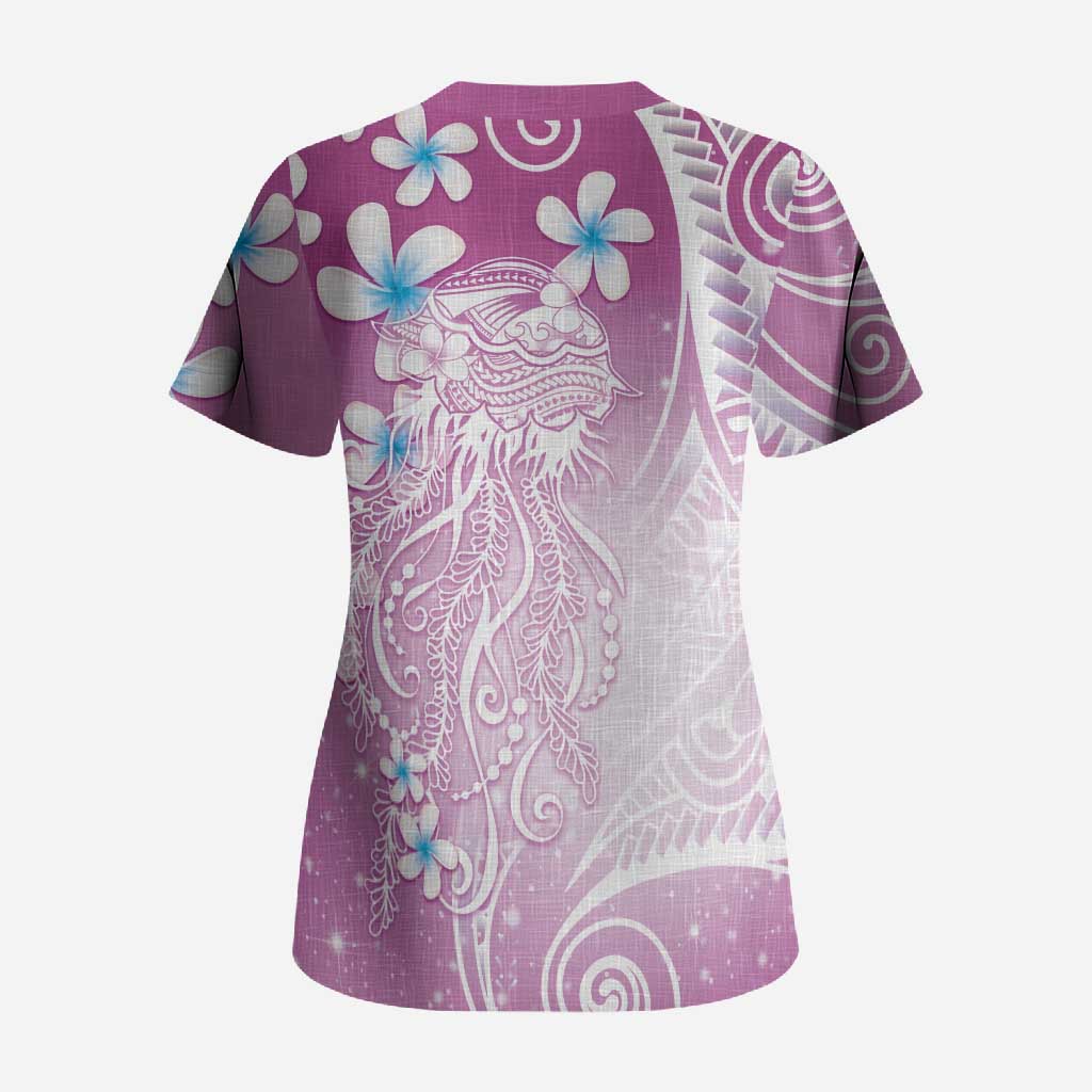 Polynesian Jellyfish Scrub Top With Plumeria Pink