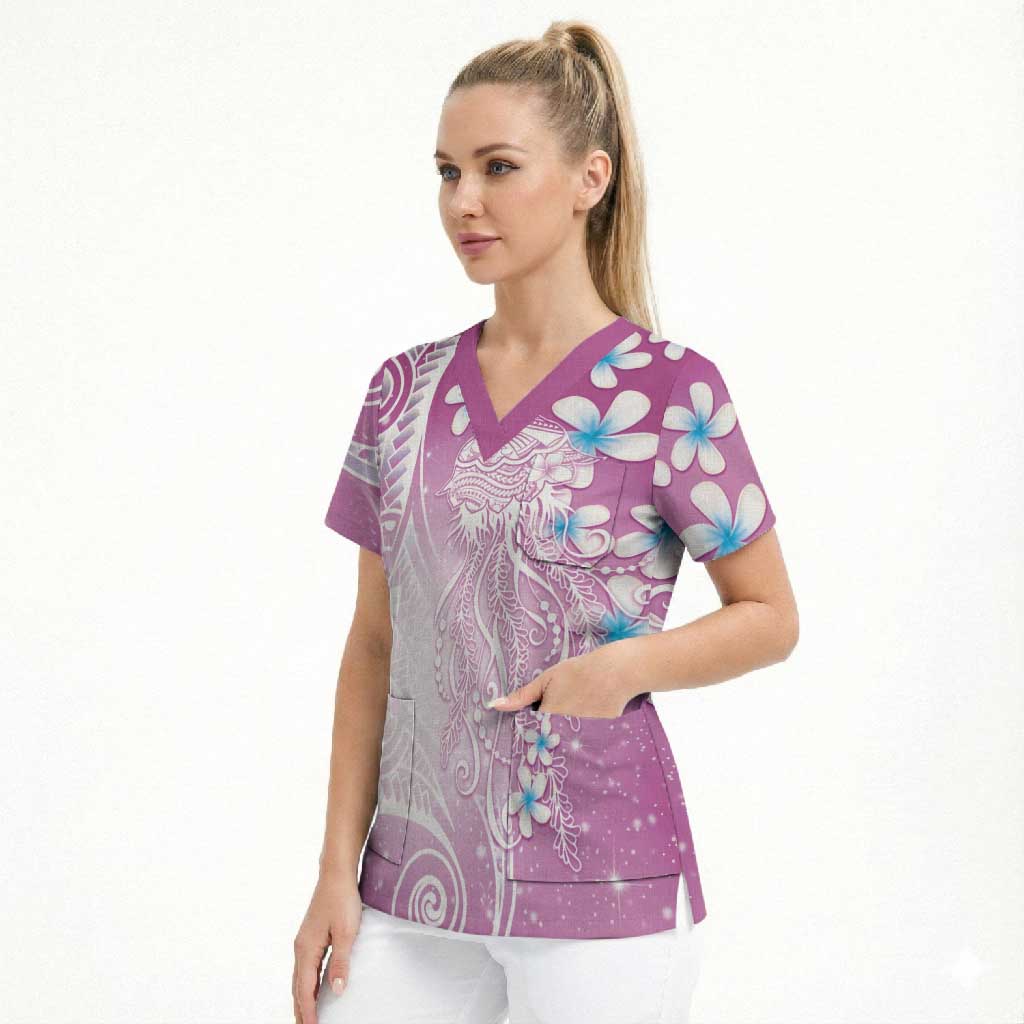 Polynesian Jellyfish Scrub Top With Plumeria Pink