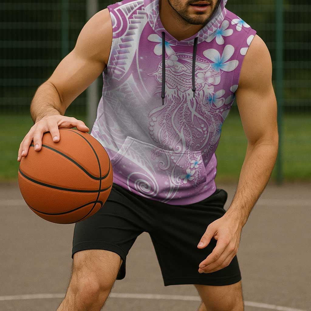 Polynesian Jellyfish Sleeveless Hoodie With Plumeria Pink