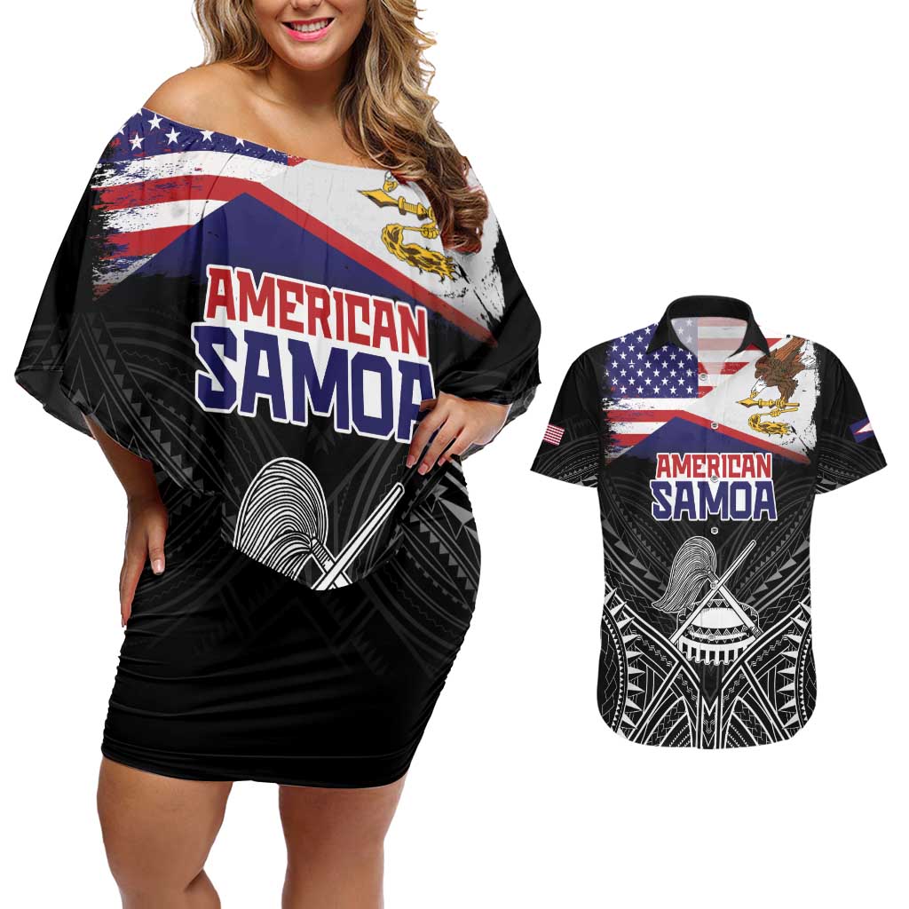 American Samoa Flag Day Couples Matching Off Shoulder Short Dress and Hawaiian Shirt Bald Eagle With Polynesian Pattern