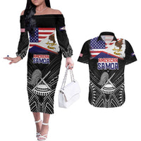 American Samoa Flag Day Couples Matching Off The Shoulder Long Sleeve Dress and Hawaiian Shirt Bald Eagle With Polynesian Pattern