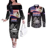 American Samoa Flag Day Couples Matching Off The Shoulder Long Sleeve Dress and Long Sleeve Button Shirt Bald Eagle With Polynesian Pattern