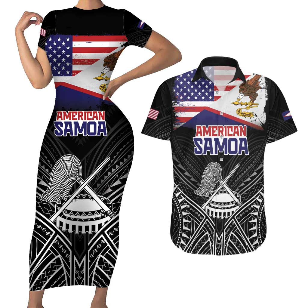 American Samoa Flag Day Couples Matching Short Sleeve Bodycon Dress and Hawaiian Shirt Bald Eagle With Polynesian Pattern
