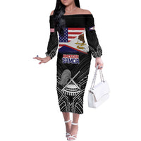 American Samoa Flag Day Off The Shoulder Long Sleeve Dress Bald Eagle With Polynesian Pattern