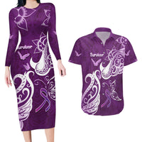 Personalised Fibromyalgia Awareness Couples Matching Long Sleeve Bodycon Dress and Hawaiian Shirt Polynesian Purple Ribbon LT05 Purple - Polynesian Pride