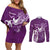 Personalised Fibromyalgia Awareness Couples Matching Off Shoulder Short Dress and Long Sleeve Button Shirt Polynesian Purple Ribbon