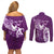 Personalised Fibromyalgia Awareness Couples Matching Off Shoulder Short Dress and Long Sleeve Button Shirt Polynesian Purple Ribbon