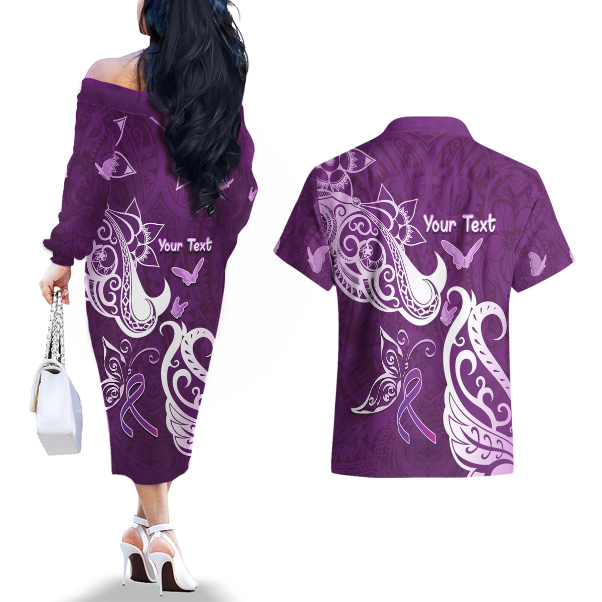 Personalised Fibromyalgia Awareness Couples Matching Off The Shoulder Long Sleeve Dress and Hawaiian Shirt Polynesian Purple Ribbon LT05 - Polynesian Pride