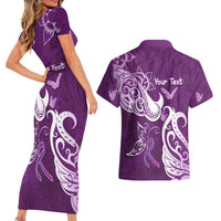 Personalised Fibromyalgia Awareness Couples Matching Short Sleeve Bodycon Dress and Hawaiian Shirt Polynesian Purple Ribbon LT05 - Polynesian Pride