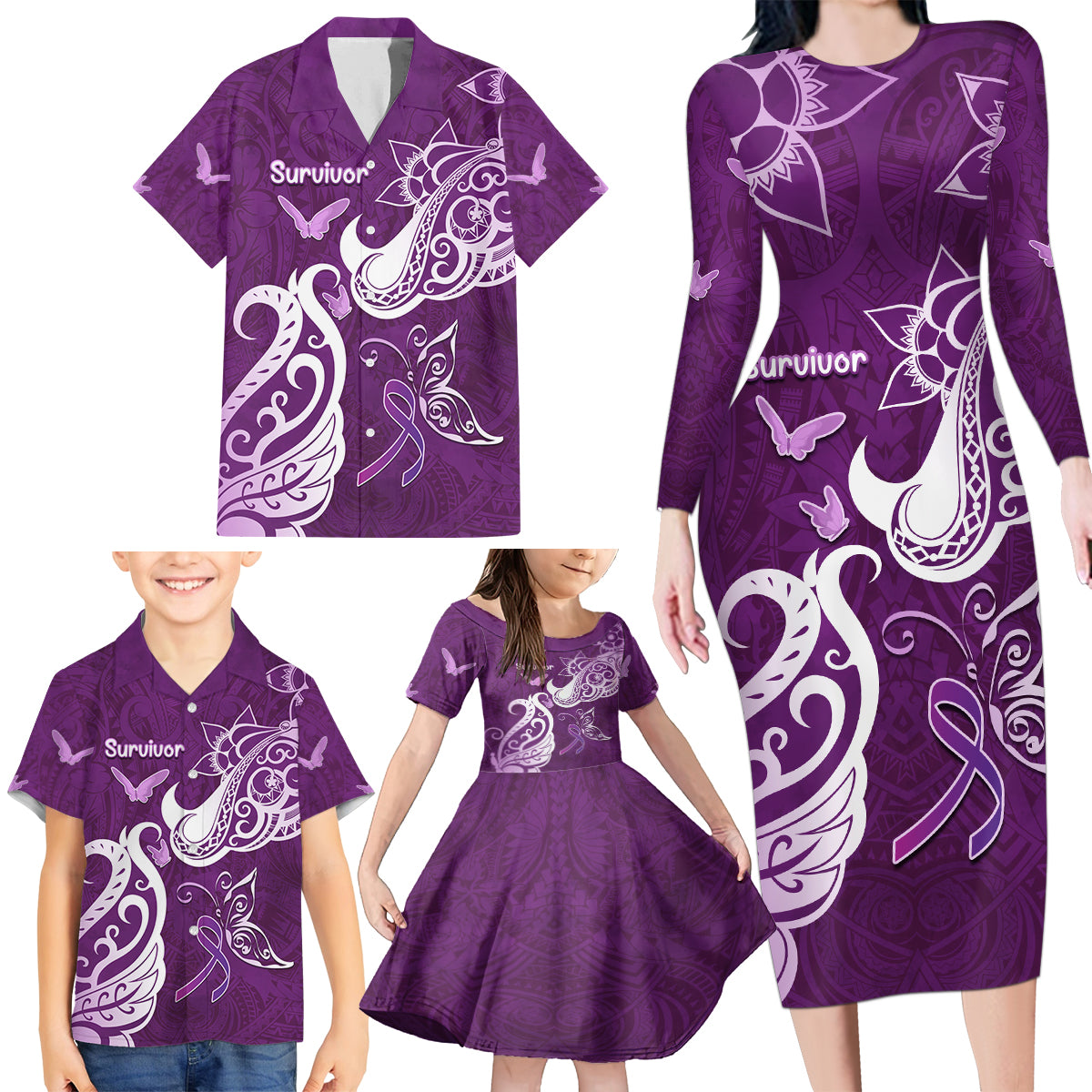 Personalised Fibromyalgia Awareness Family Matching Long Sleeve Bodycon Dress and Hawaiian Shirt Polynesian Purple Ribbon LT05 - Polynesian Pride