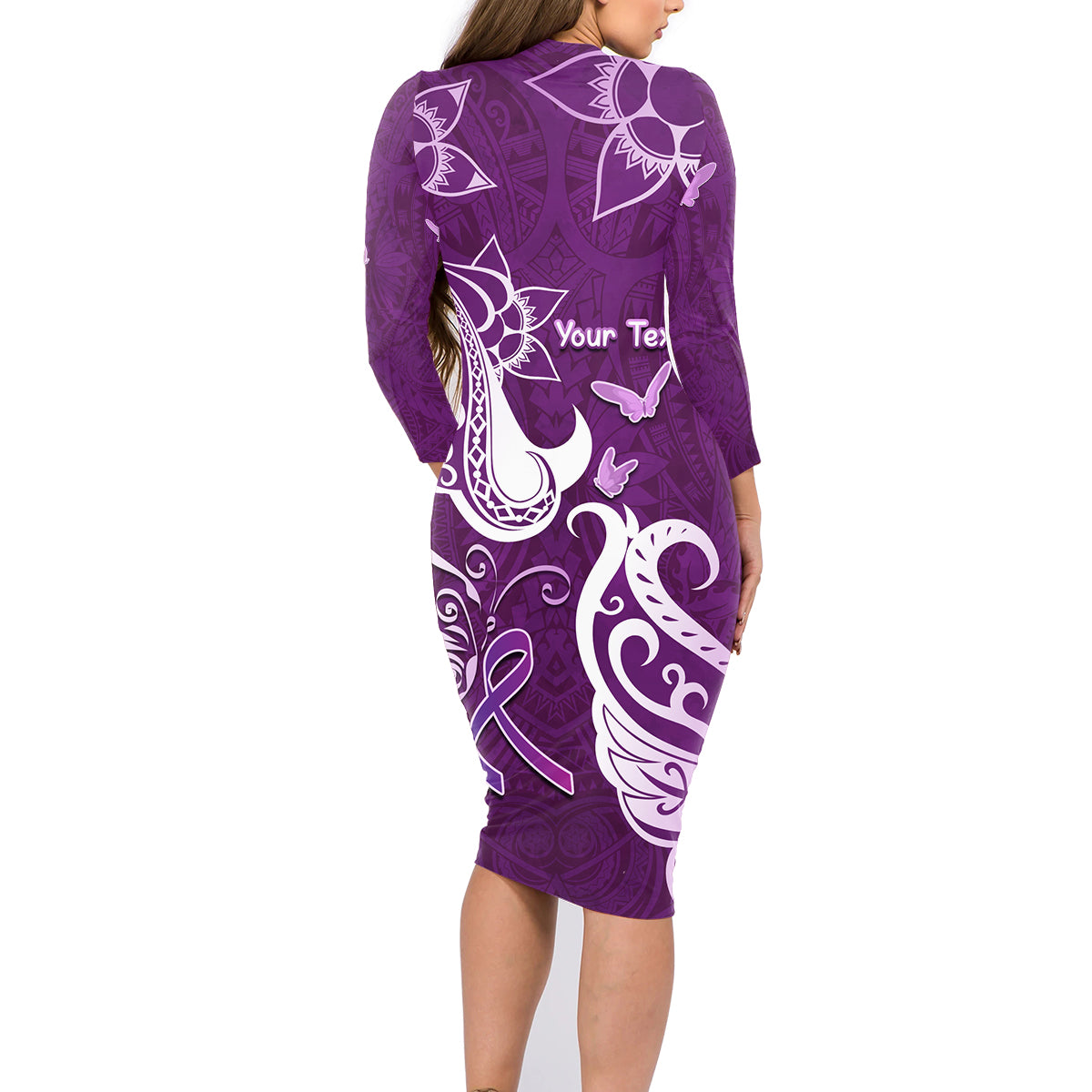 Personalised Fibromyalgia Awareness Family Matching Long Sleeve Bodycon Dress and Hawaiian Shirt Polynesian Purple Ribbon LT05 - Polynesian Pride
