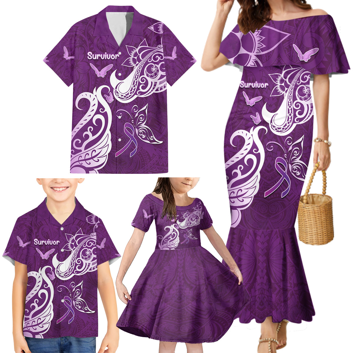 Personalised Fibromyalgia Awareness Family Matching Mermaid Dress and Hawaiian Shirt Polynesian Purple Ribbon LT05 - Polynesian Pride