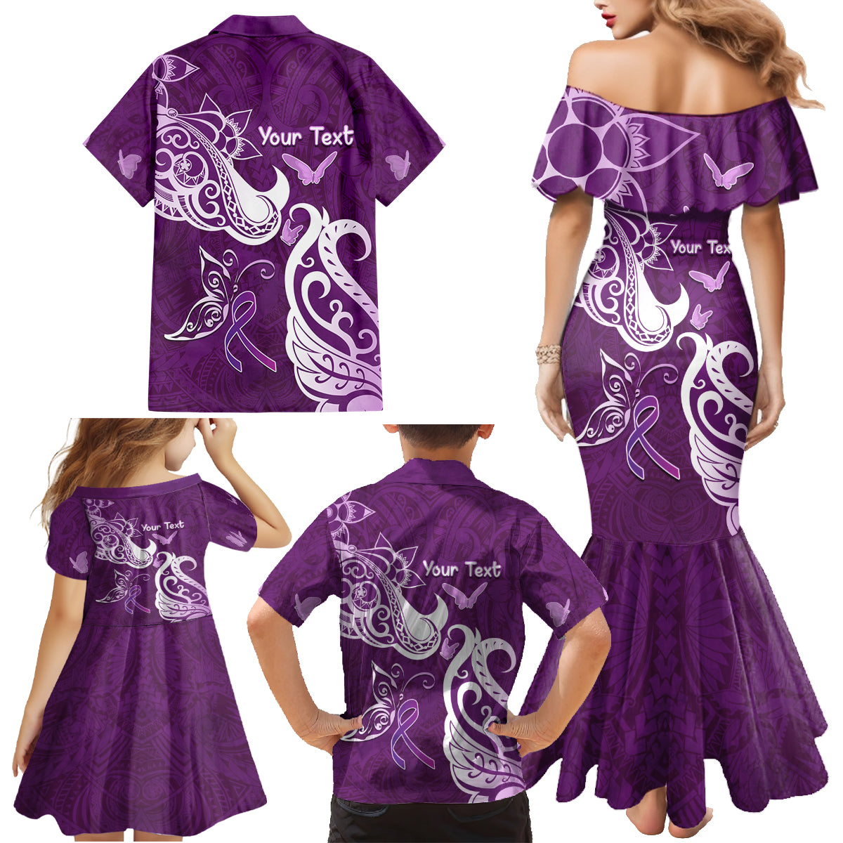 Personalised Fibromyalgia Awareness Family Matching Mermaid Dress and Hawaiian Shirt Polynesian Purple Ribbon LT05 - Polynesian Pride