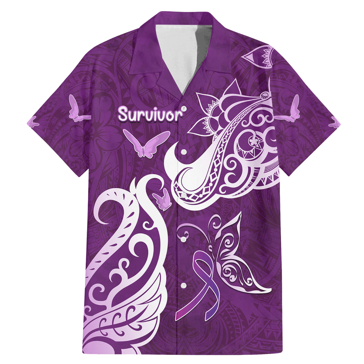 Personalised Fibromyalgia Awareness Family Matching Mermaid Dress and Hawaiian Shirt Polynesian Purple Ribbon LT05 Dad's Shirt - Short Sleeve Purple - Polynesian Pride