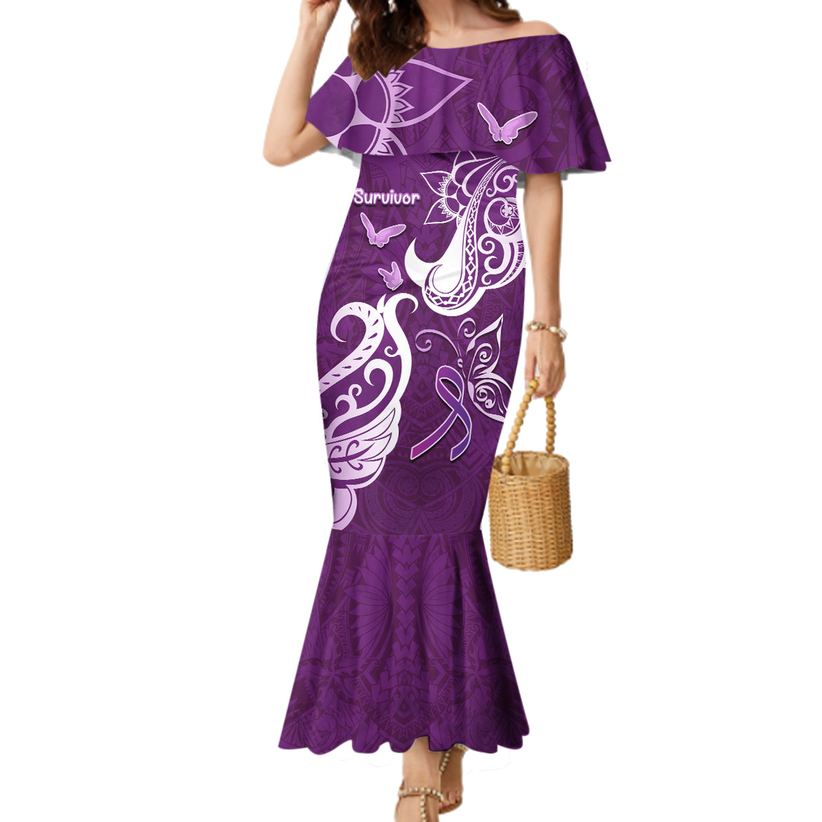 Personalised Fibromyalgia Awareness Family Matching Mermaid Dress and Hawaiian Shirt Polynesian Purple Ribbon LT05 Mom's Dress Purple - Polynesian Pride