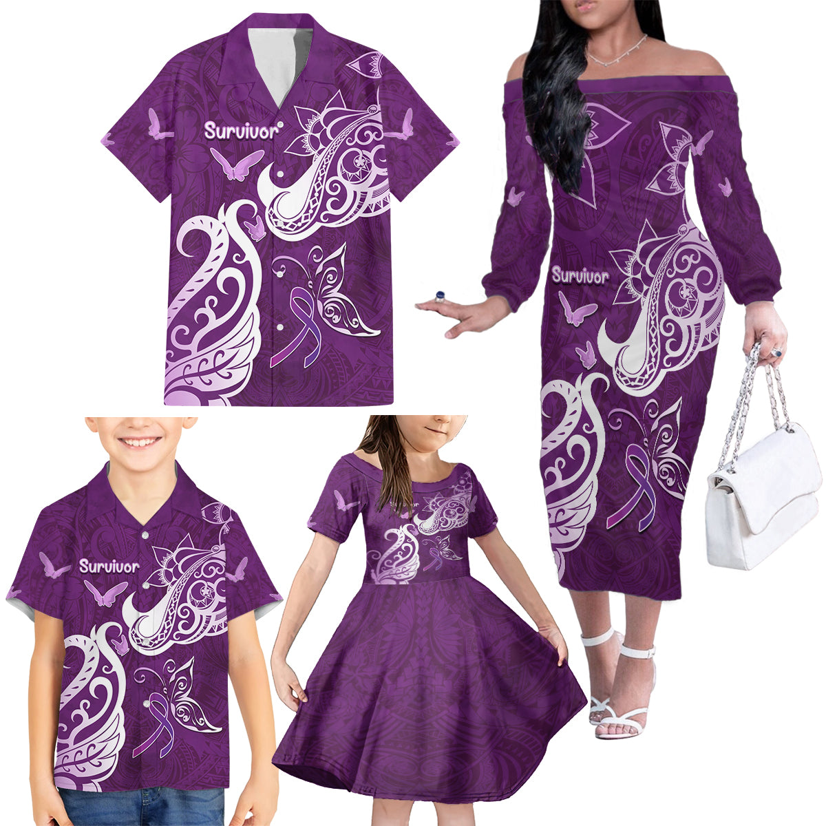 Personalised Fibromyalgia Awareness Family Matching Off The Shoulder Long Sleeve Dress and Hawaiian Shirt Polynesian Purple Ribbon LT05 - Polynesian Pride