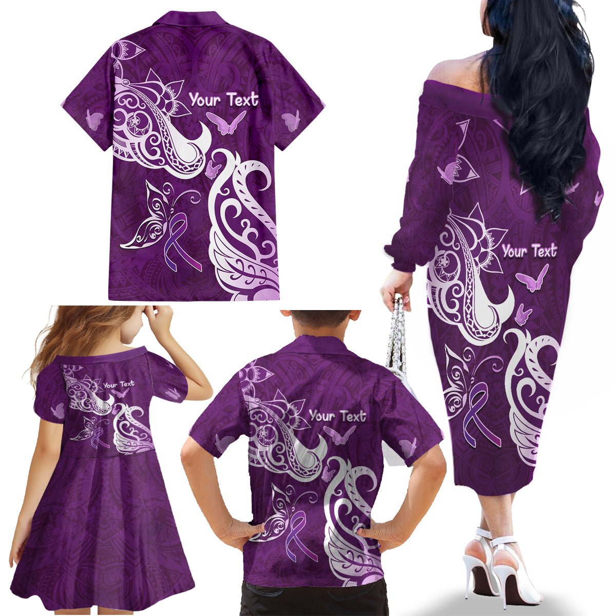 Personalised Fibromyalgia Awareness Family Matching Off The Shoulder Long Sleeve Dress and Hawaiian Shirt Polynesian Purple Ribbon LT05 - Polynesian Pride