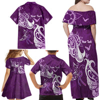 Personalised Fibromyalgia Awareness Family Matching Off Shoulder Maxi Dress and Hawaiian Shirt Polynesian Purple Ribbon LT05 - Polynesian Pride