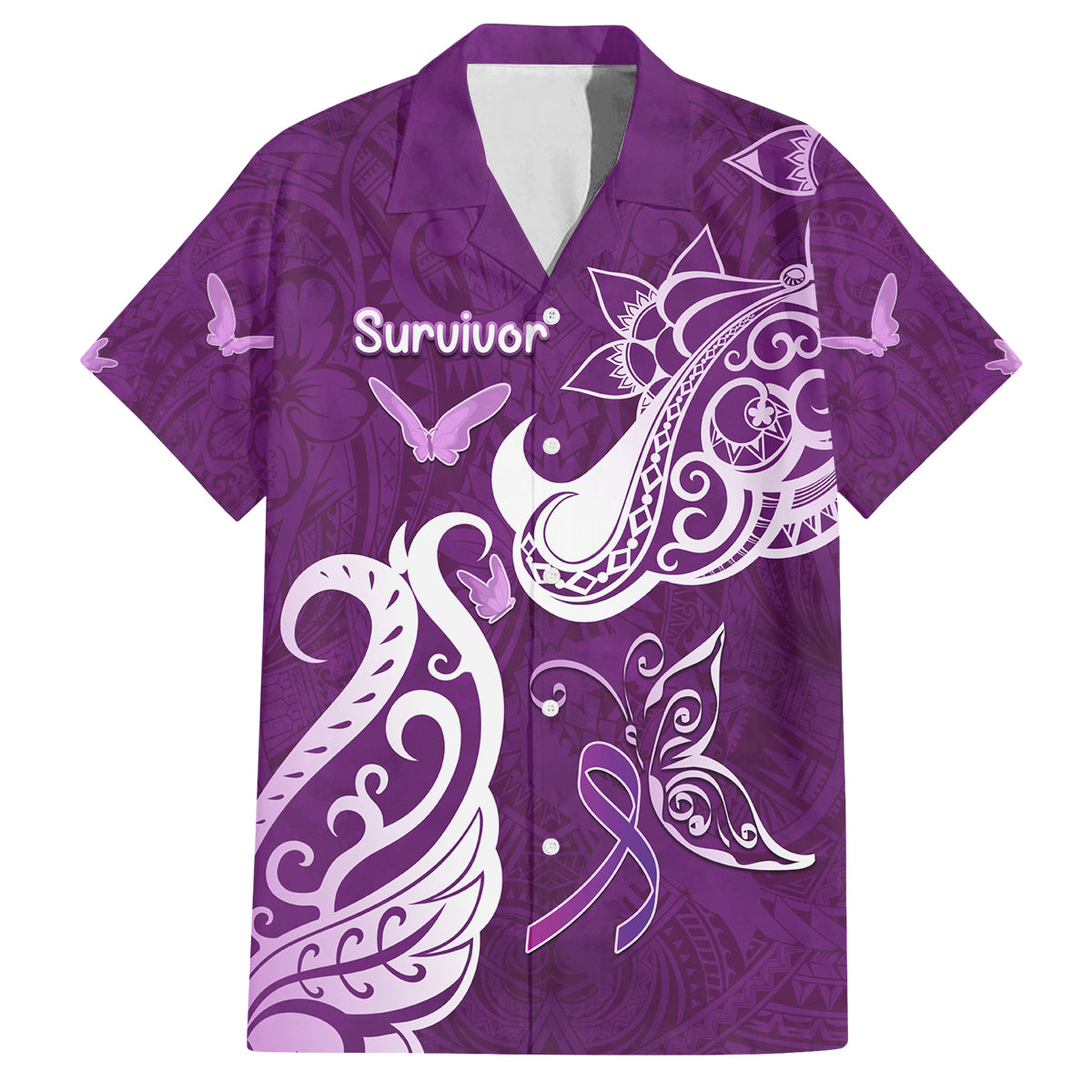 Personalised Fibromyalgia Awareness Family Matching Off Shoulder Maxi Dress and Hawaiian Shirt Polynesian Purple Ribbon LT05 Dad's Shirt - Short Sleeve Purple - Polynesian Pride