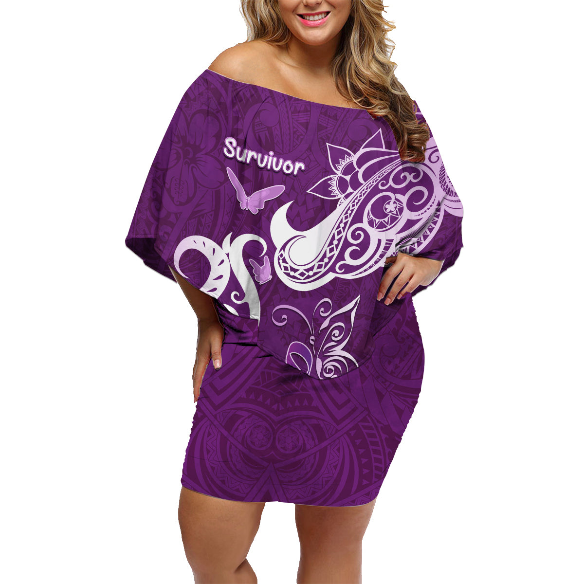 Personalised Fibromyalgia Awareness Family Matching Off Shoulder Short Dress and Hawaiian Shirt Polynesian Purple Ribbon LT05 Mom's Dress Purple - Polynesian Pride