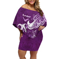 Personalised Fibromyalgia Awareness Family Matching Off Shoulder Short Dress and Hawaiian Shirt Polynesian Purple Ribbon LT05 Mom's Dress Purple - Polynesian Pride