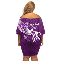Personalised Fibromyalgia Awareness Family Matching Off Shoulder Short Dress and Hawaiian Shirt Polynesian Purple Ribbon LT05 - Polynesian Pride