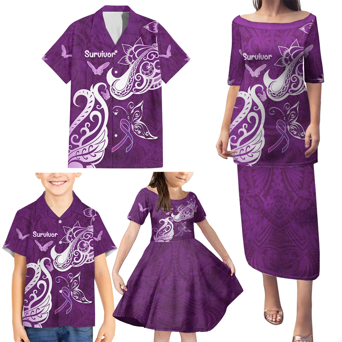 Personalised Fibromyalgia Awareness Family Matching Puletasi and Hawaiian Shirt Polynesian Purple Ribbon LT05 - Polynesian Pride