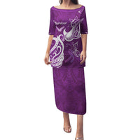 Personalised Fibromyalgia Awareness Family Matching Puletasi and Hawaiian Shirt Polynesian Purple Ribbon LT05 Mom's Dress Purple - Polynesian Pride