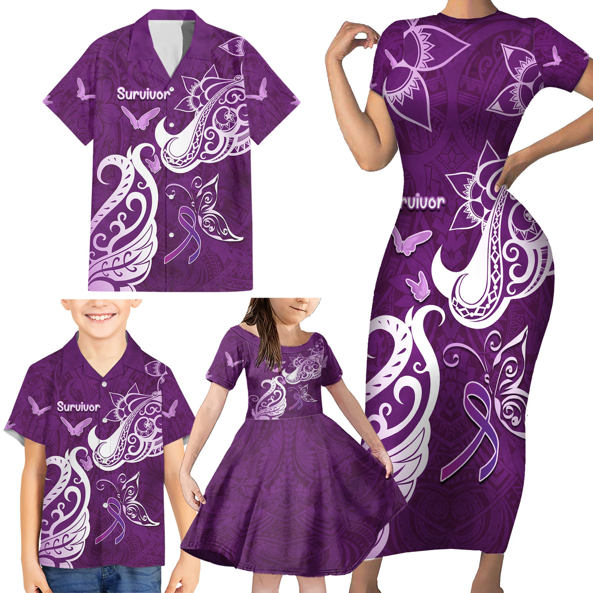 Personalised Fibromyalgia Awareness Family Matching Short Sleeve Bodycon Dress and Hawaiian Shirt Polynesian Purple Ribbon LT05 - Polynesian Pride