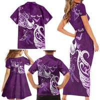 Personalised Fibromyalgia Awareness Family Matching Short Sleeve Bodycon Dress and Hawaiian Shirt Polynesian Purple Ribbon LT05 - Polynesian Pride