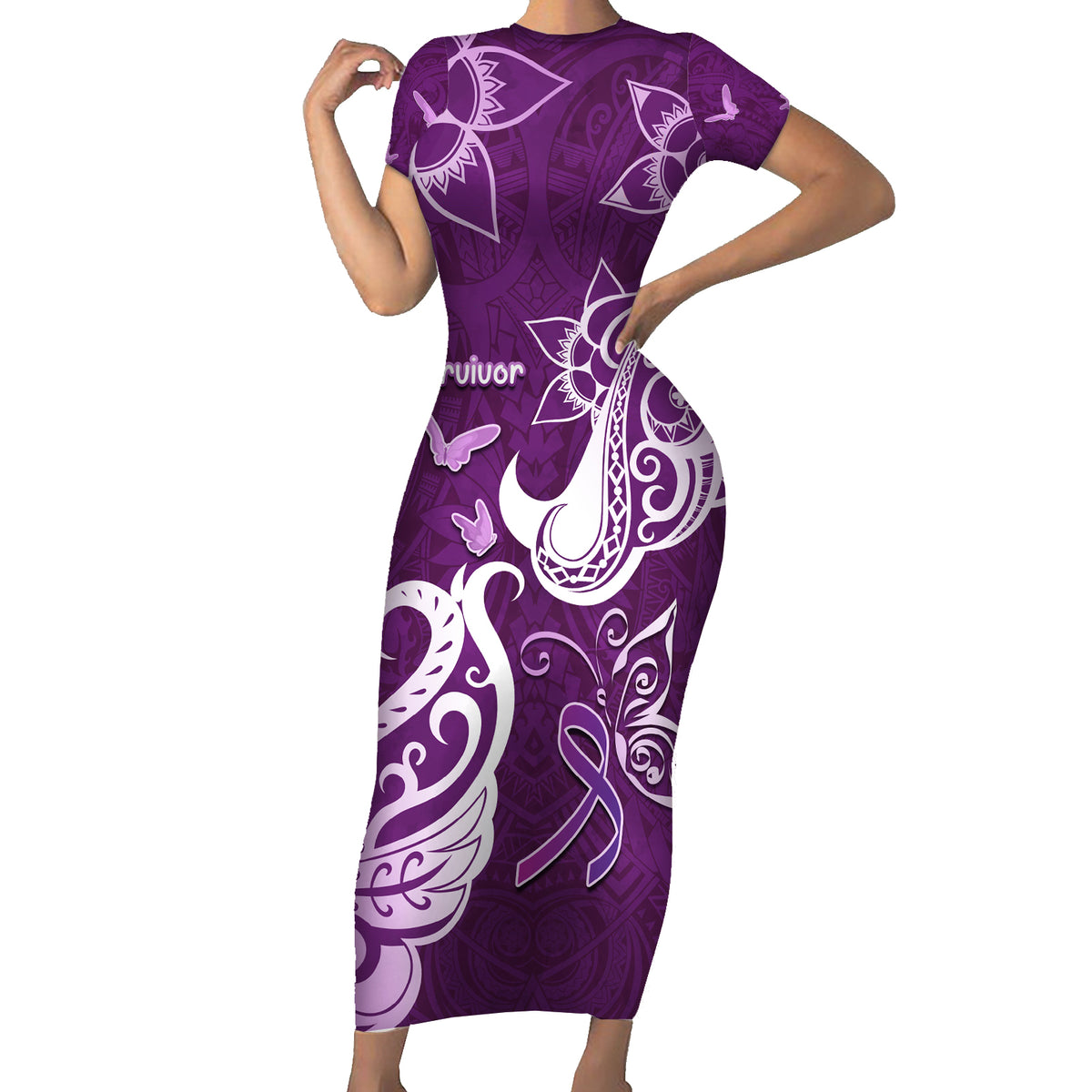 Personalised Fibromyalgia Awareness Family Matching Short Sleeve Bodycon Dress and Hawaiian Shirt Polynesian Purple Ribbon LT05 Mom's Dress Purple - Polynesian Pride