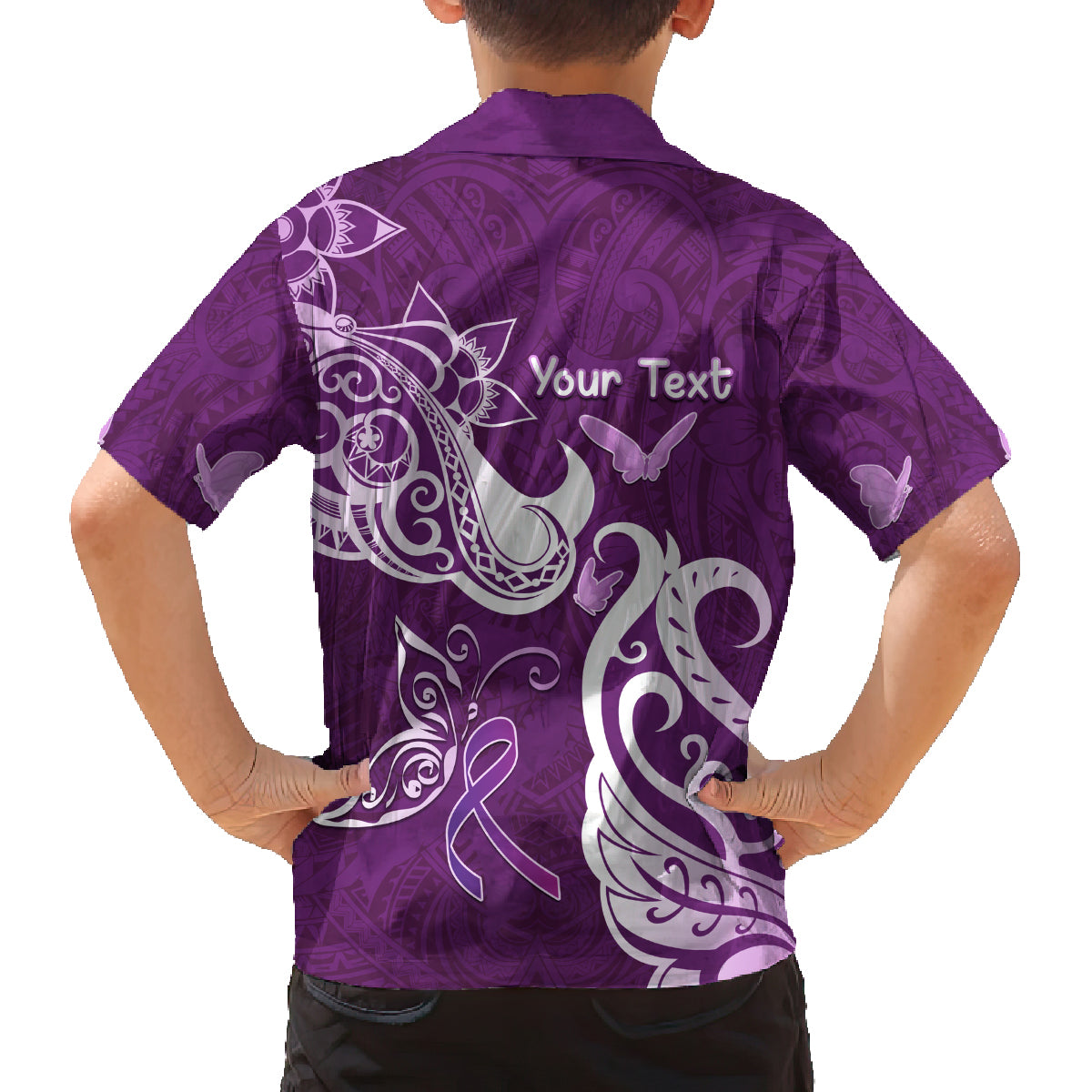 Personalised Fibromyalgia Awareness Family Matching Summer Maxi Dress and Hawaiian Shirt Polynesian Purple Ribbon LT05 - Polynesian Pride