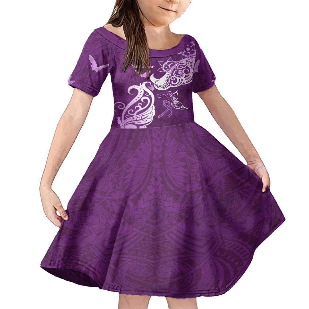 Personalised Fibromyalgia Awareness Family Matching Summer Maxi Dress and Hawaiian Shirt Polynesian Purple Ribbon LT05 Daughter's Dress Purple - Polynesian Pride