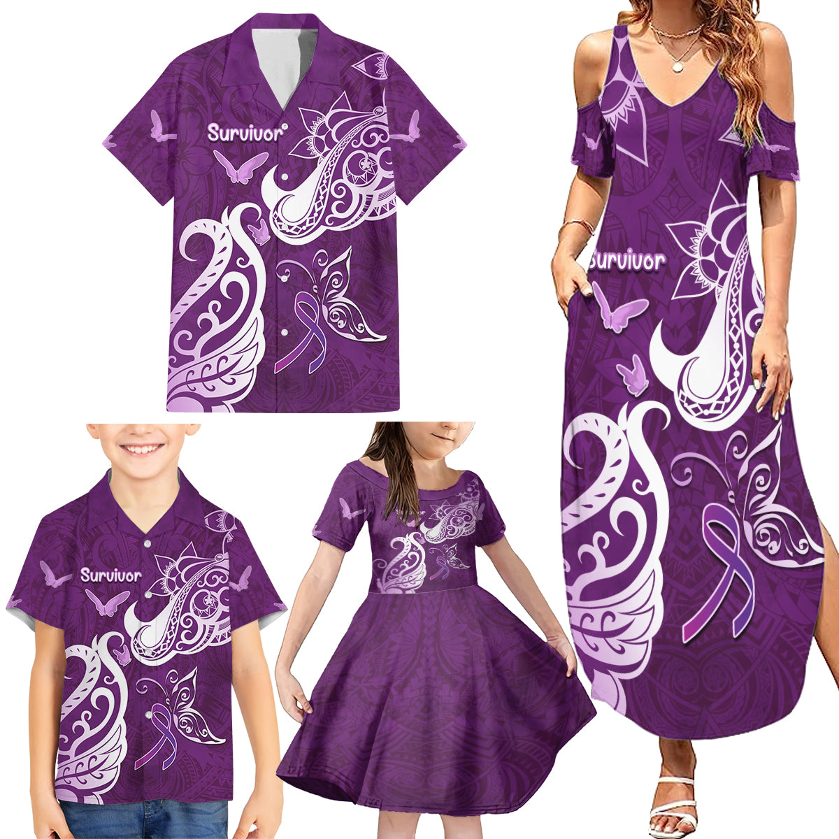 Personalised Fibromyalgia Awareness Family Matching Summer Maxi Dress and Hawaiian Shirt Polynesian Purple Ribbon LT05 - Polynesian Pride