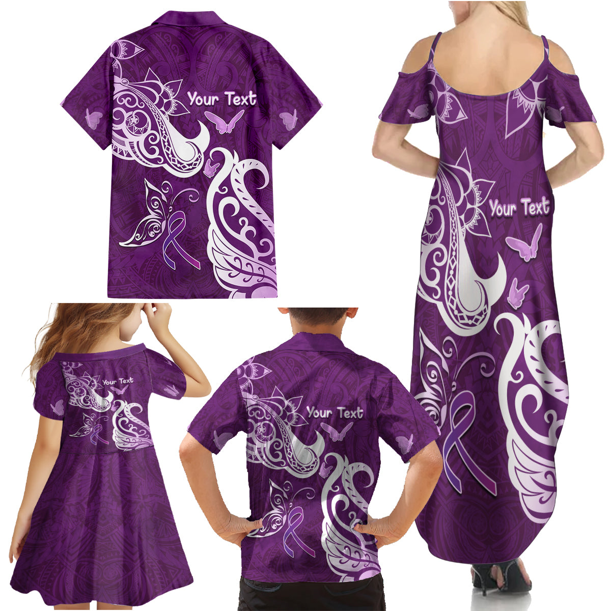 Personalised Fibromyalgia Awareness Family Matching Summer Maxi Dress and Hawaiian Shirt Polynesian Purple Ribbon LT05 - Polynesian Pride