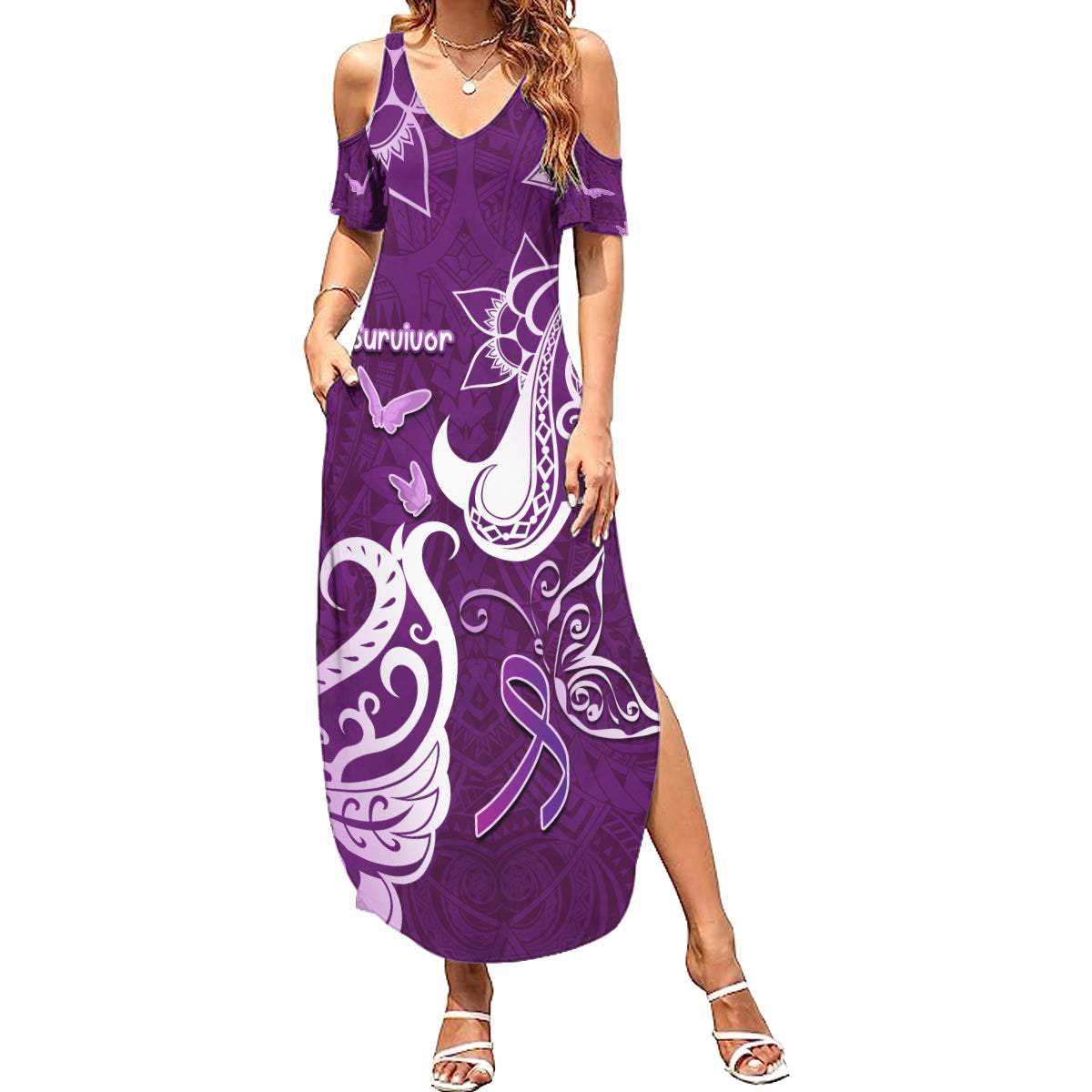 Personalised Fibromyalgia Awareness Family Matching Summer Maxi Dress and Hawaiian Shirt Polynesian Purple Ribbon LT05 Mom's Dress Purple - Polynesian Pride