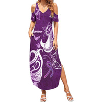Personalised Fibromyalgia Awareness Family Matching Summer Maxi Dress and Hawaiian Shirt Polynesian Purple Ribbon LT05 Mom's Dress Purple - Polynesian Pride