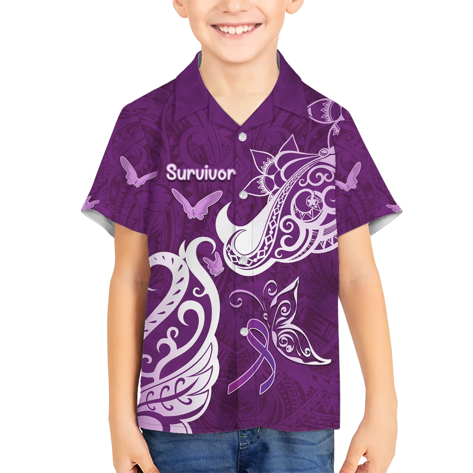 Personalised Fibromyalgia Awareness Kid Hawaiian Shirt Polynesian Purple Ribbon