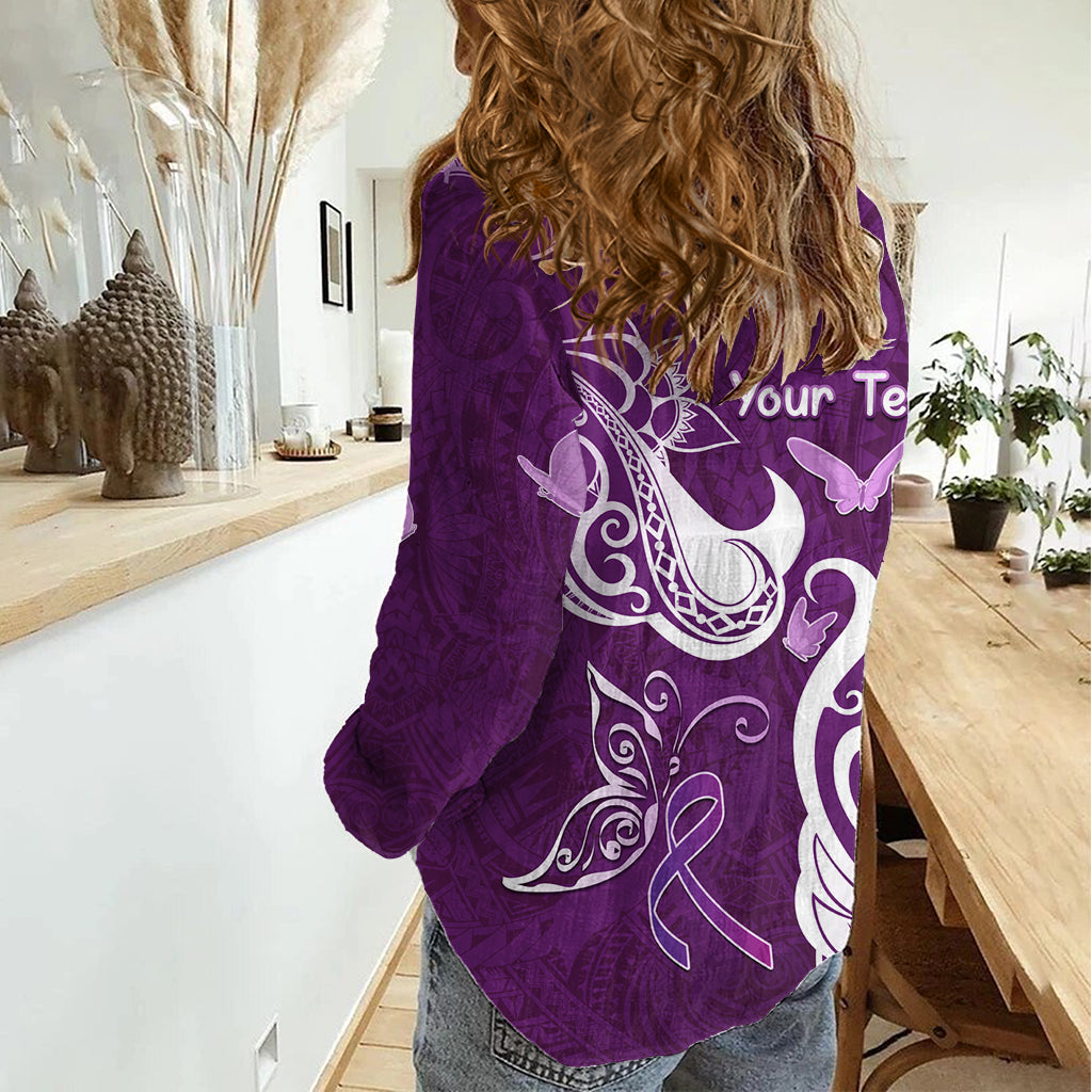 Personalised Fibromyalgia Awareness Women Casual Shirt Polynesian Purple Ribbon