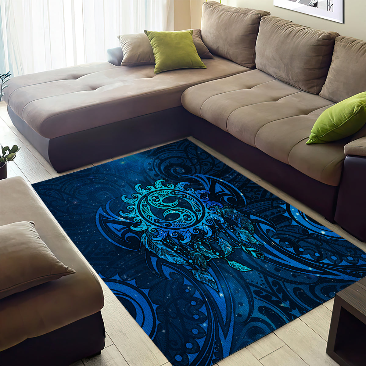 New Zealand Dream Catcher Area Rug Maori Koru Pattern Blue Version