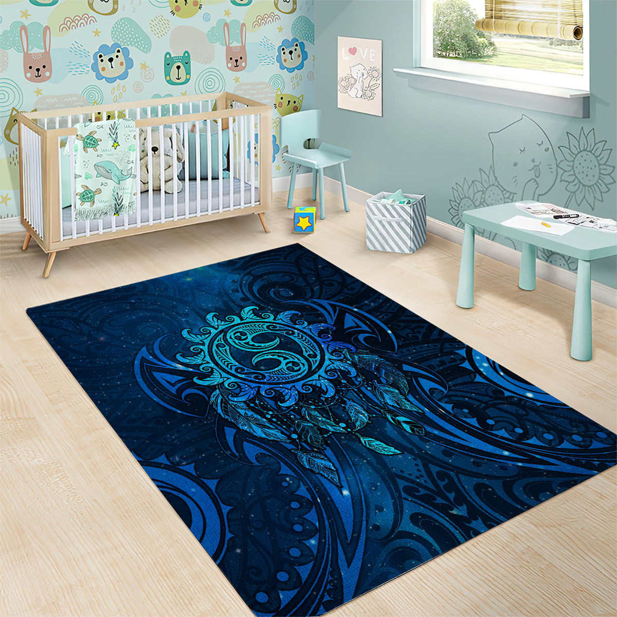 New Zealand Dream Catcher Area Rug Maori Koru Pattern Blue Version