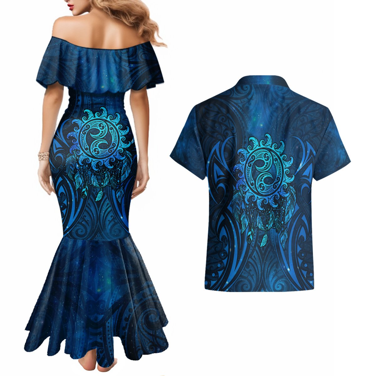New Zealand Dream Catcher Couples Matching Mermaid Dress and Hawaiian Shirt Maori Koru Pattern Blue Version