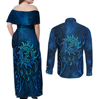 New Zealand Dream Catcher Couples Matching Off Shoulder Maxi Dress and Long Sleeve Button Shirt Maori Koru Pattern Blue Version