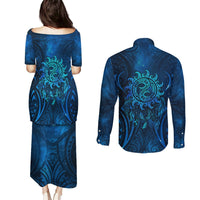 New Zealand Dream Catcher Couples Matching Puletasi and Long Sleeve Button Shirt Maori Koru Pattern Blue Version