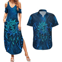 New Zealand Dream Catcher Couples Matching Summer Maxi Dress and Hawaiian Shirt Maori Koru Pattern Blue Version