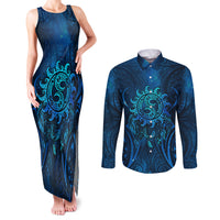 New Zealand Dream Catcher Couples Matching Tank Maxi Dress and Long Sleeve Button Shirt Maori Koru Pattern Blue Version