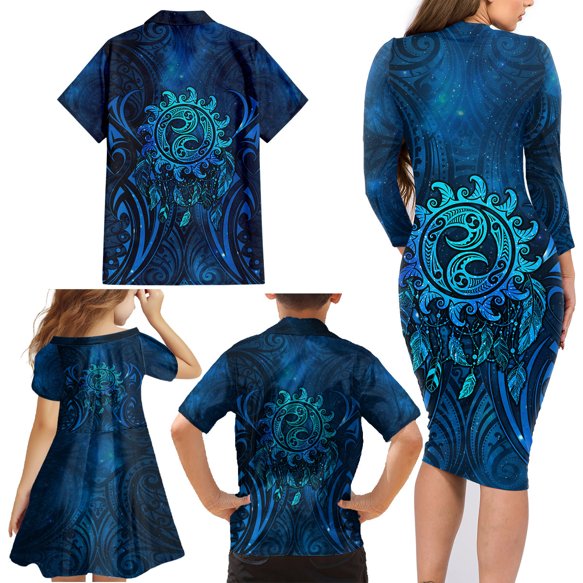 New Zealand Dream Catcher Family Matching Long Sleeve Bodycon Dress and Hawaiian Shirt Maori Koru Pattern Blue Version LT05 - Polynesian Pride