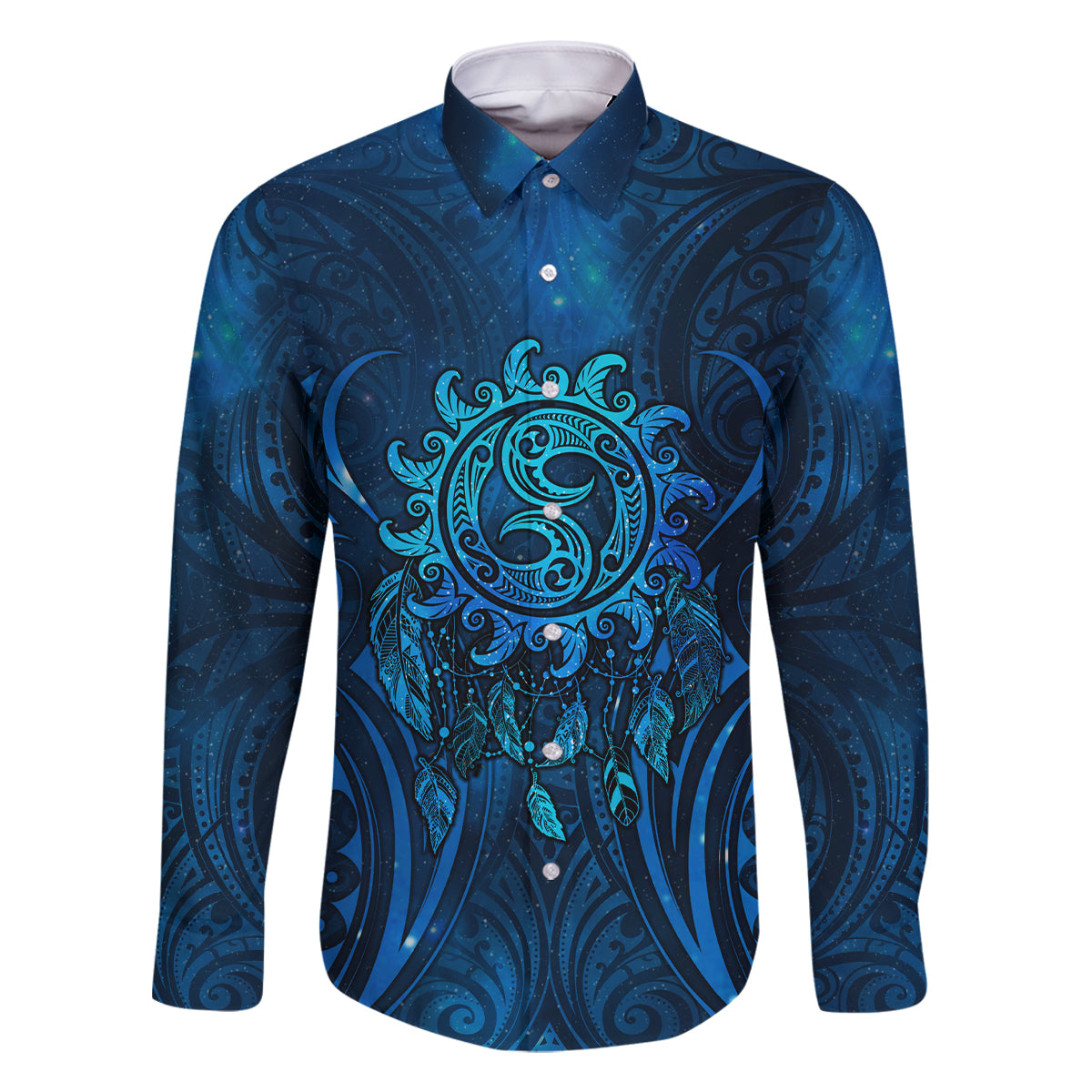 New Zealand Dream Catcher Family Matching Mermaid Dress and Hawaiian Shirt Maori Koru Pattern Blue Version LT05 Dad's Shirt - Long Sleeve Blue - Polynesian Pride